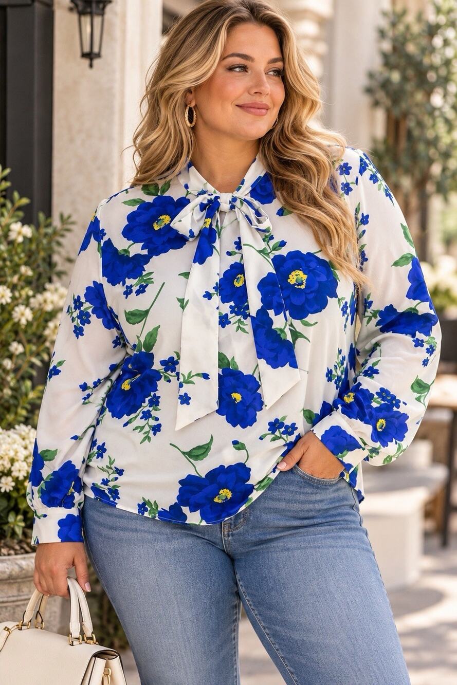 Romantic Cottagecore Top 4XL Blue Floral Tie Neck Blouse Long Sleeve Bow